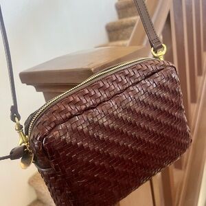 Clare V Brown Leather Crossbody Bag with Intricate Weave